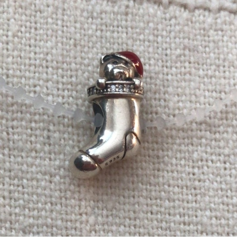 PANDORA Silver and Red Christmas Stocking Charm with Bear